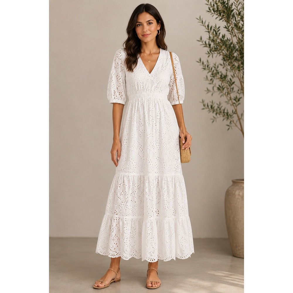 NWT $328 Lilly‎ Pulitzer Breanne Elbow Sleeve Eyelet Maxi Dress 6 Resort White